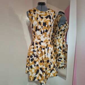 H&M Mustard Yellow, Black & White Abstract Fit-and-Flare Dress